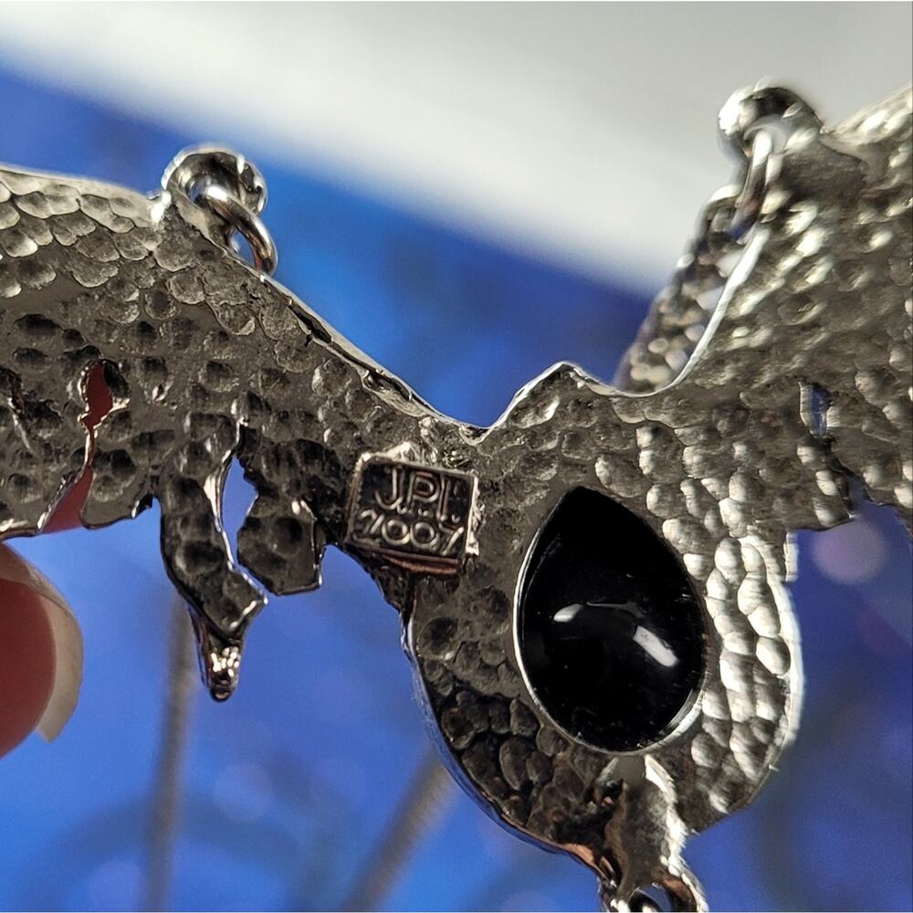 Signed JPL Bat Wing Pewter-tone Necklace Black Faceted Stone Pentacle Pentagram - Picture 2 of 6